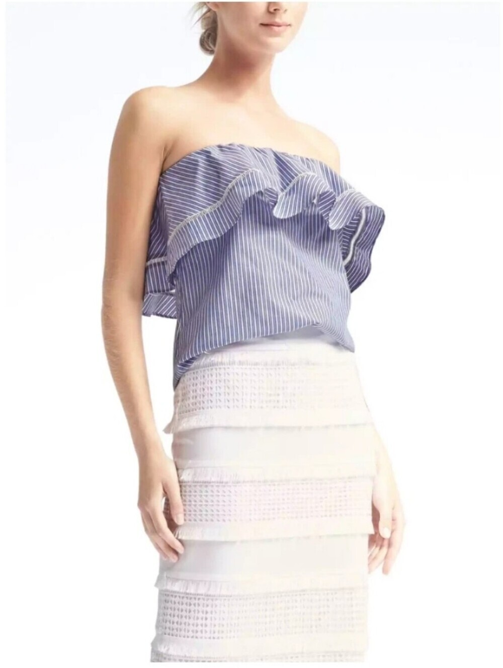 Banana Republic Easy Care Strapless Ruffle Top Blue White Poly Stripe XS